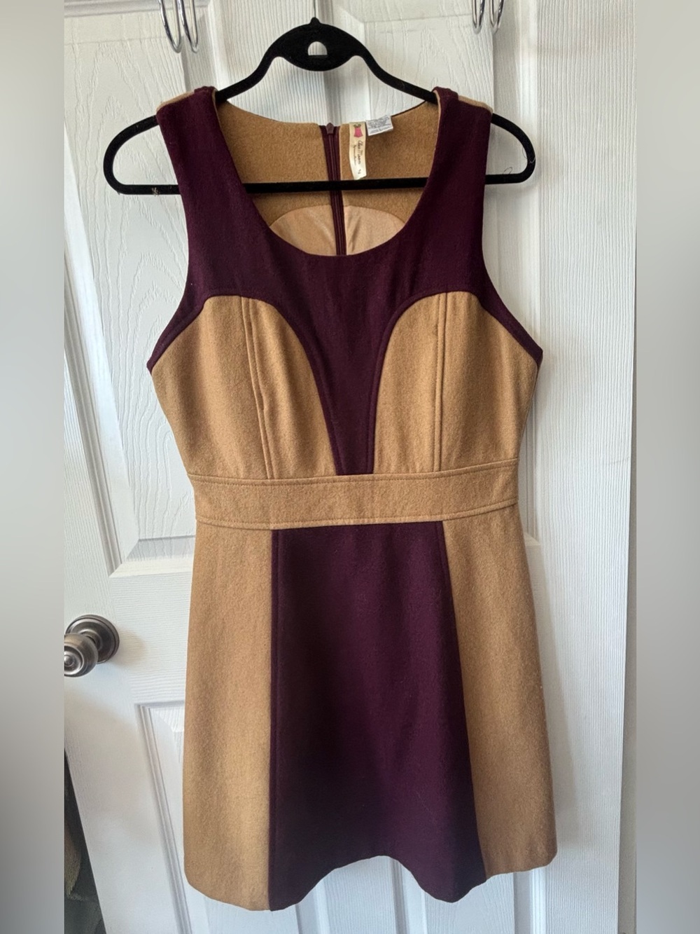 Alice Moon Sleeveless Colorblock Dress in Burgundy and Camel